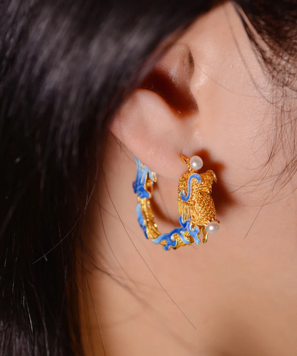 Chinese Style Gold Copper and Gold Plated Pearl Hoop Earrings
