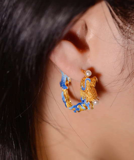 Chinese Style Gold Copper and Gold Plated Pearl Hoop Earrings