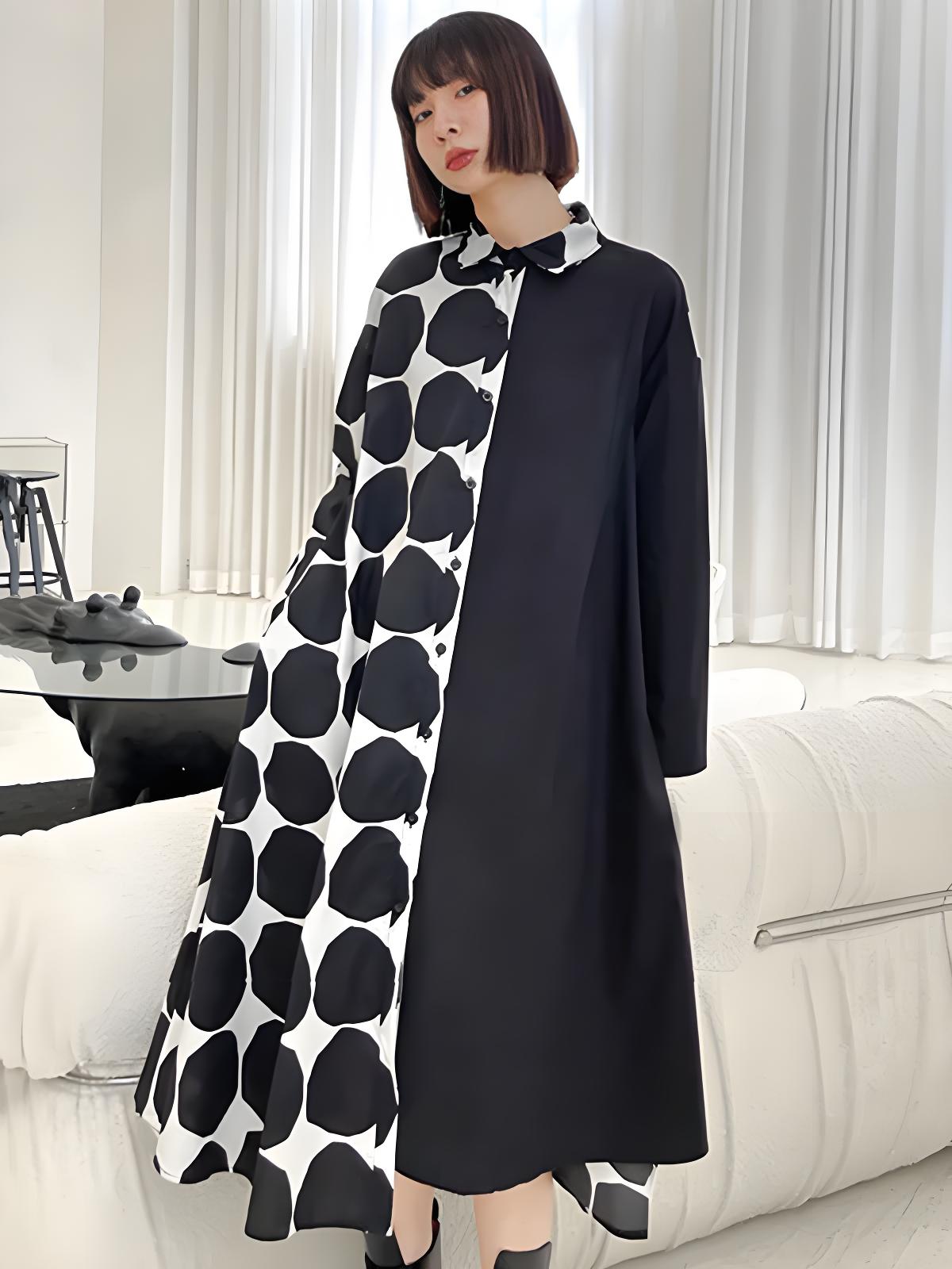 Irregular Polka Dot Splicing Button Lapel Long Sleeve Dress Spring