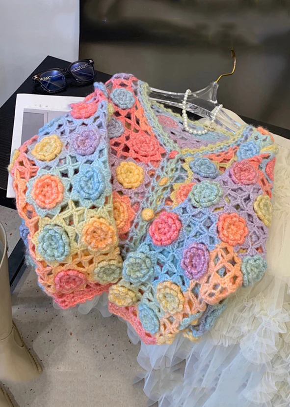 Women's Rainbow V-Neck Cutout Knit Sweater Winter