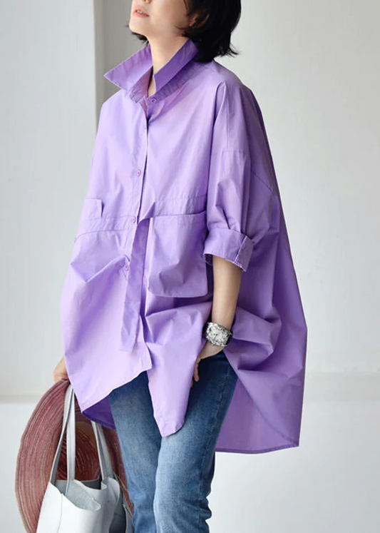 Stylish lapel low rise design cotton long sleeve shirt