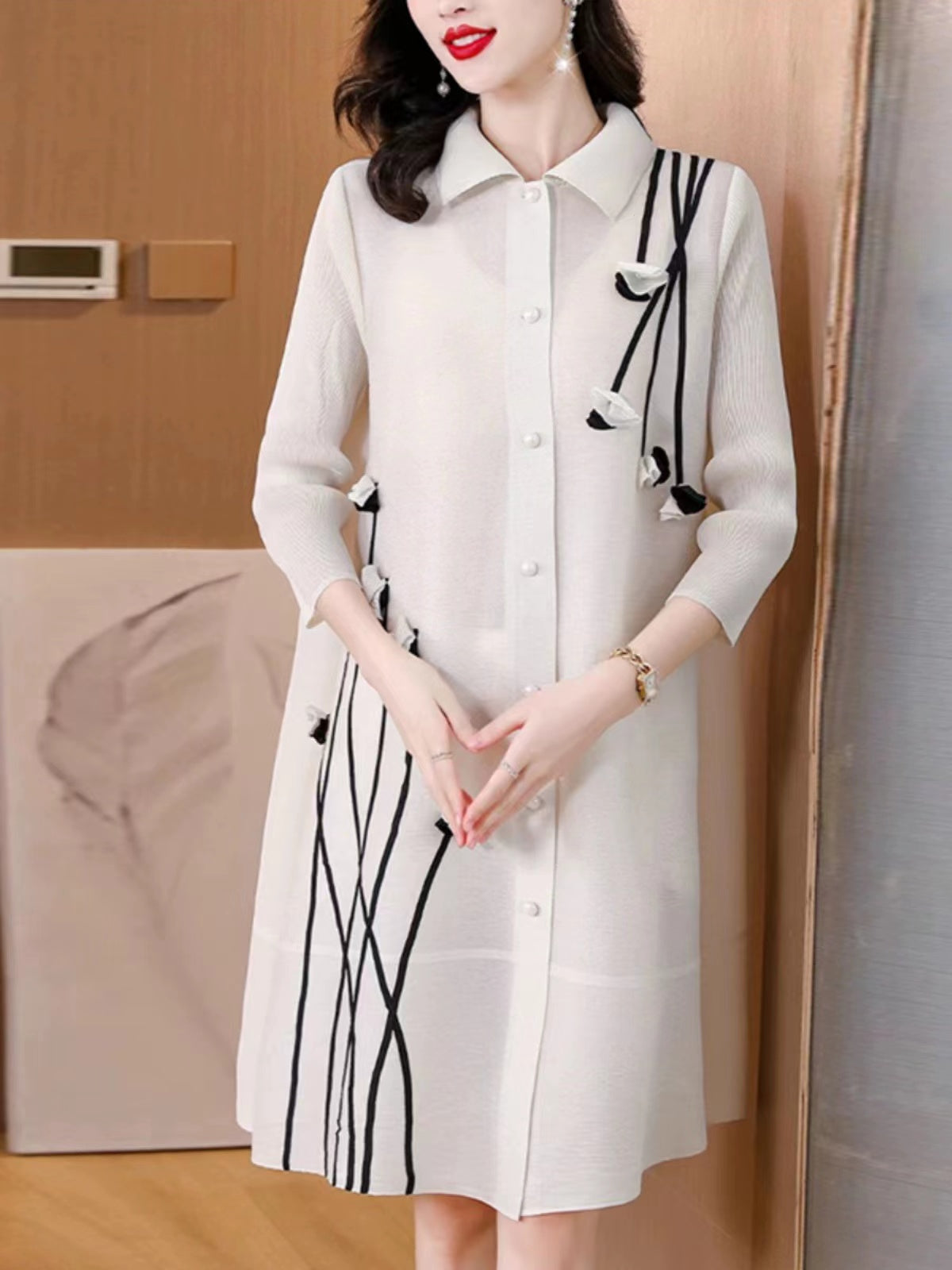 Lapel Cardigan Midi Shirt Dress
