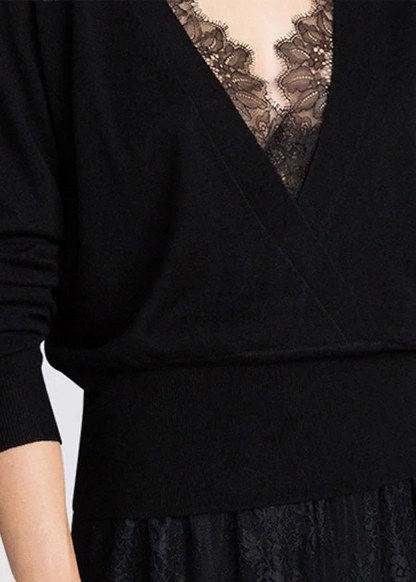Black V-Neck Lace Patchwork Cutout Wool Knit Top