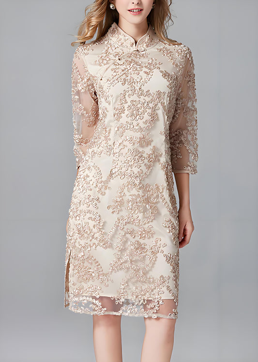 Apricot Standing Neck Embroidered Dress