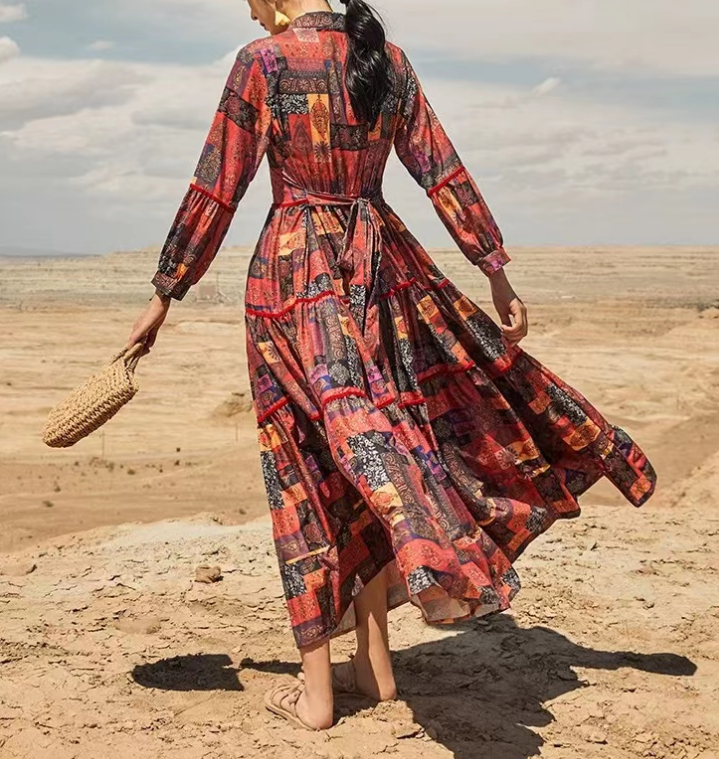Bohemian V-Neck Printed Beach Long Sleeve Long Dresses