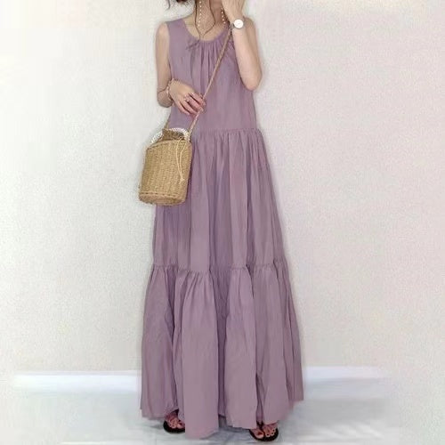 Loose Round Neck Shredded Pleat Sleeveless Long Dress