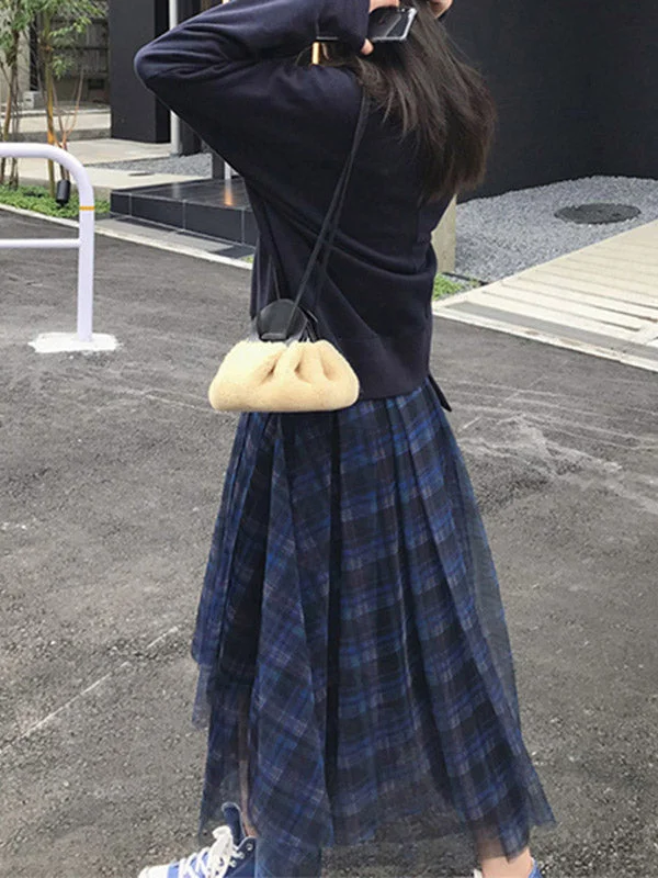 Women's Plus Size Blue High Waist Plaid Irregular Hem Tulle Skirt
