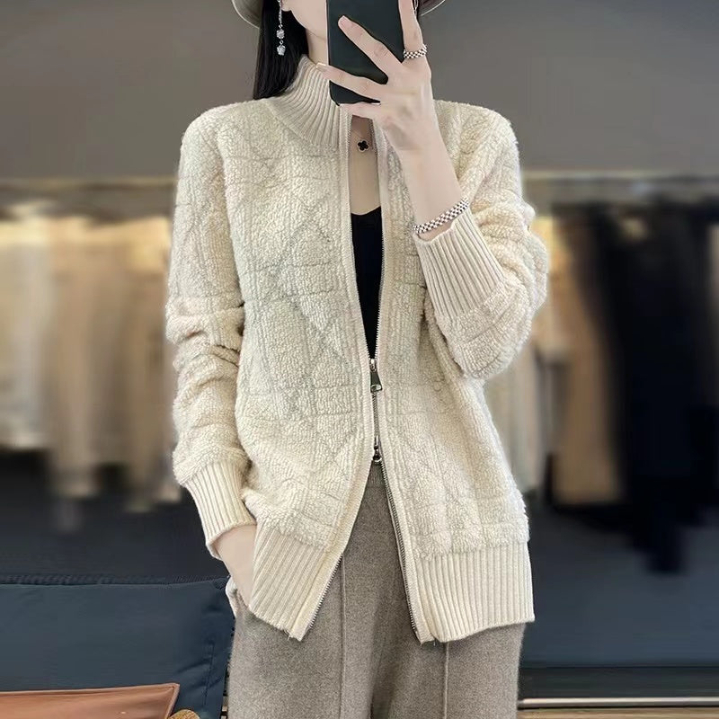 Casual Patchwork Wool Stand-up Collar Long Sleeve Sweater Jacket