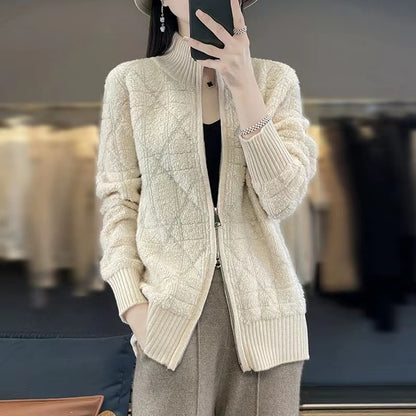 Casual Patchwork Wool Stand-up Collar Long Sleeve Sweater Jacket
