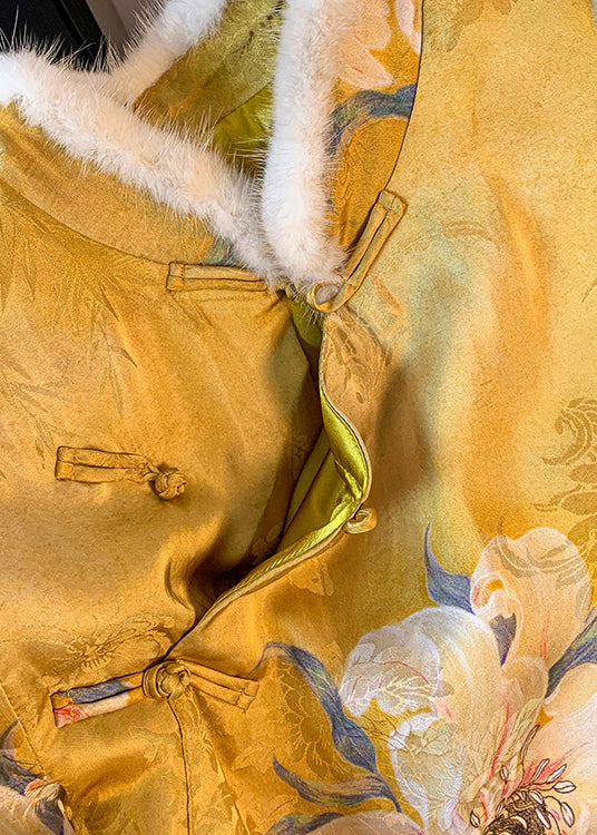 Chinese Style Yellow Printed Patchwork Silk Top