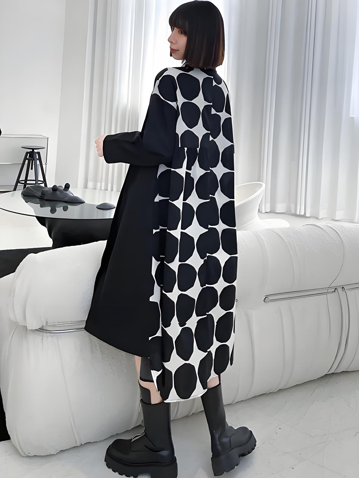 Irregular Polka Dot Splicing Button Lapel Long Sleeve Dress Spring