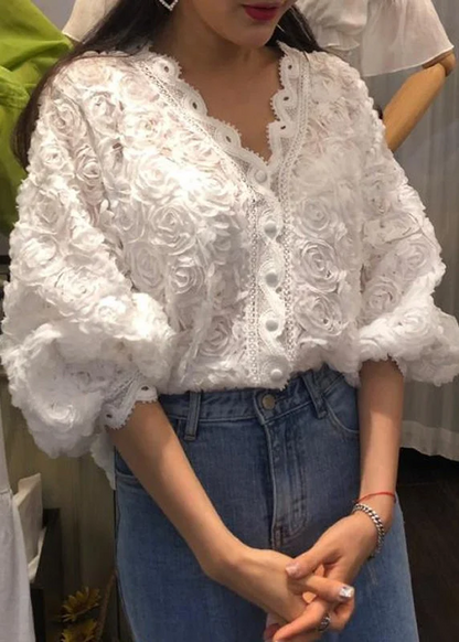 Women's White Button Down Solid Lace Shirt V-Neck