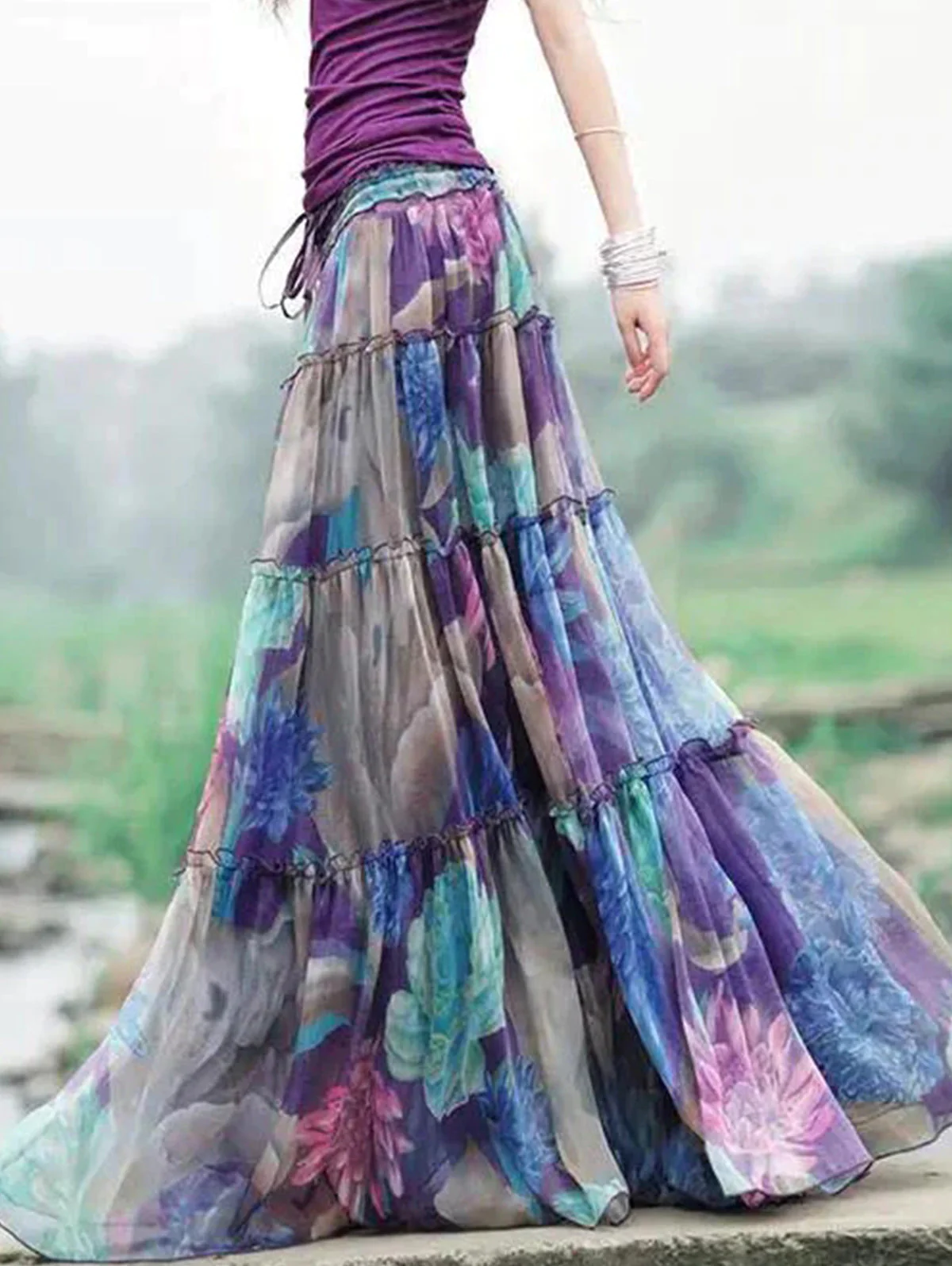 Floral Printed Drawstring Crinkle Cotton Hem Long Skirt