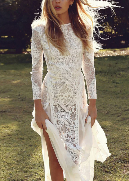 Women's Elegant White Backless Hollow Out Lace Long Dresses