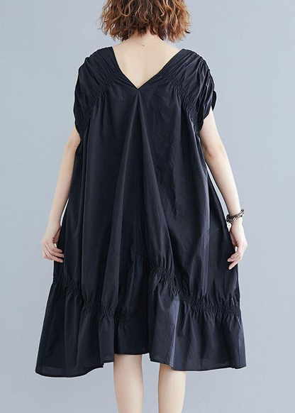 Italian V-neck waisted cotton dress black dress