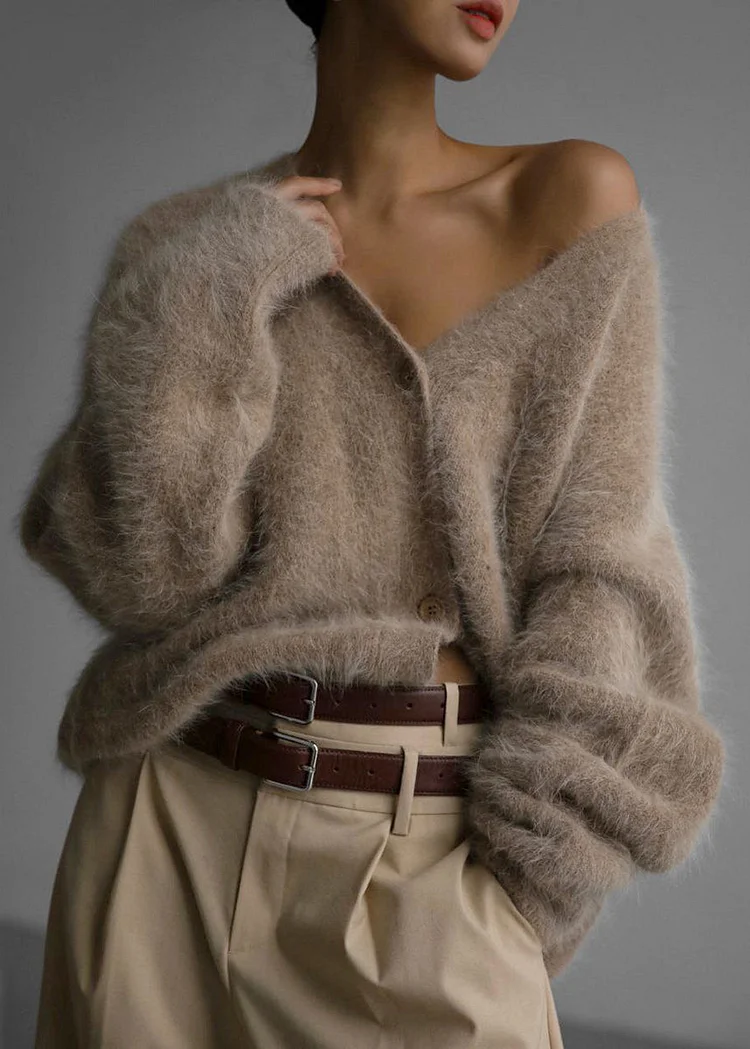 Women's Plus Size Khaki V Neck Wool Knit Sweater