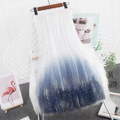 Elegant Gradient Pleated Mesh Pleated Skirt