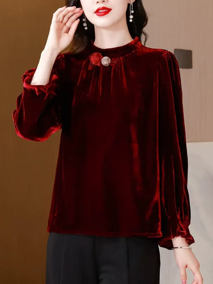Women's Loose Gingham Floral Long Sleeve Top