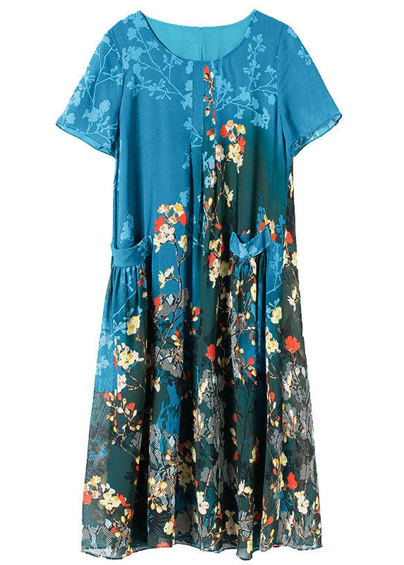 Elegant O-neck pocket print A-line dress