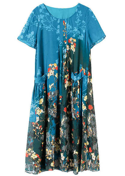 Elegant O-neck pocket print A-line dress