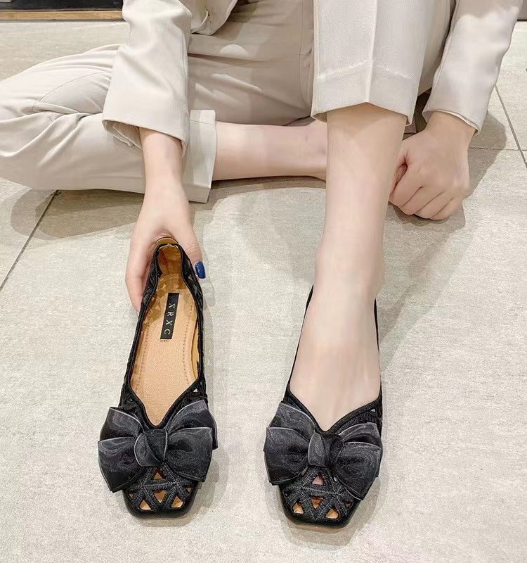 Vintage Baotou Apricot Hollow Bow Flats