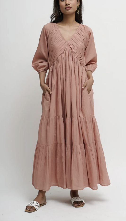 Beach Organic Cotton Pleated Maxi Dress, Green Layered Dress, Boho Corset Tunic with Pockets, Comfortable Loose Fit, Plus Size