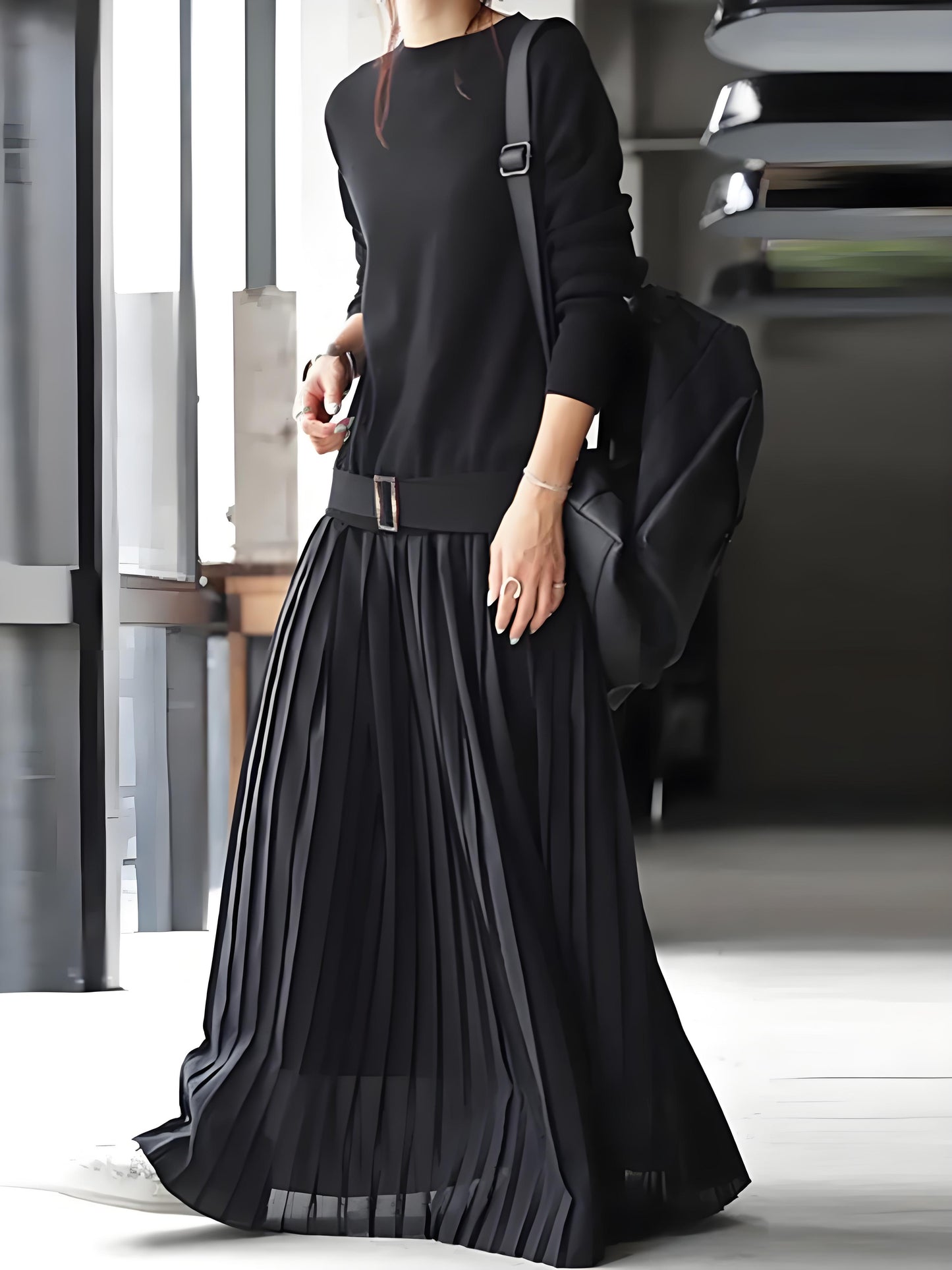 Women's Round Neck Belt Solid Color Pullover Knit Patchwork Long Sleeve Pleated Dress Spring