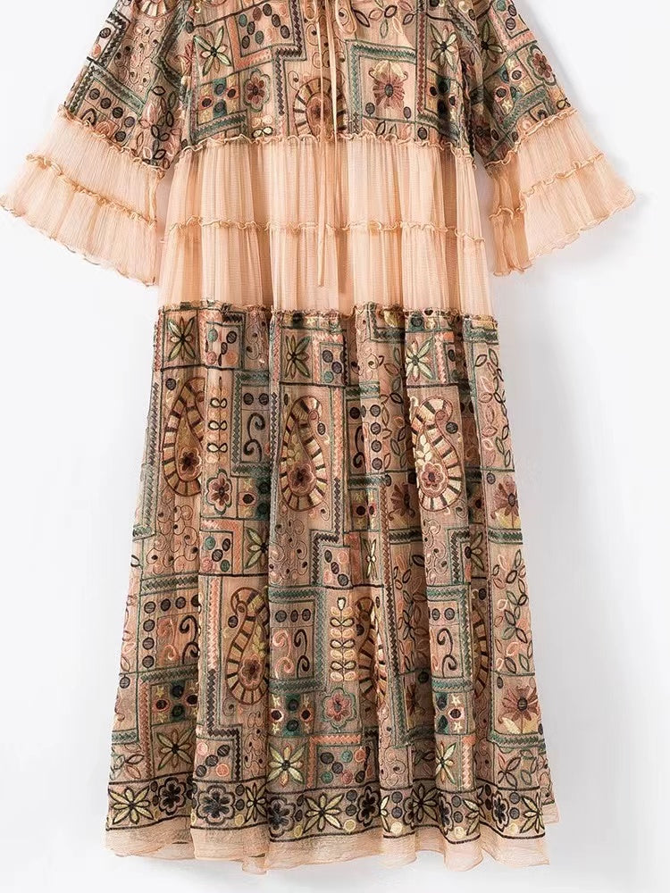 Elegant Tie Patchwork Printed Ruffle Short Sleeve Dress