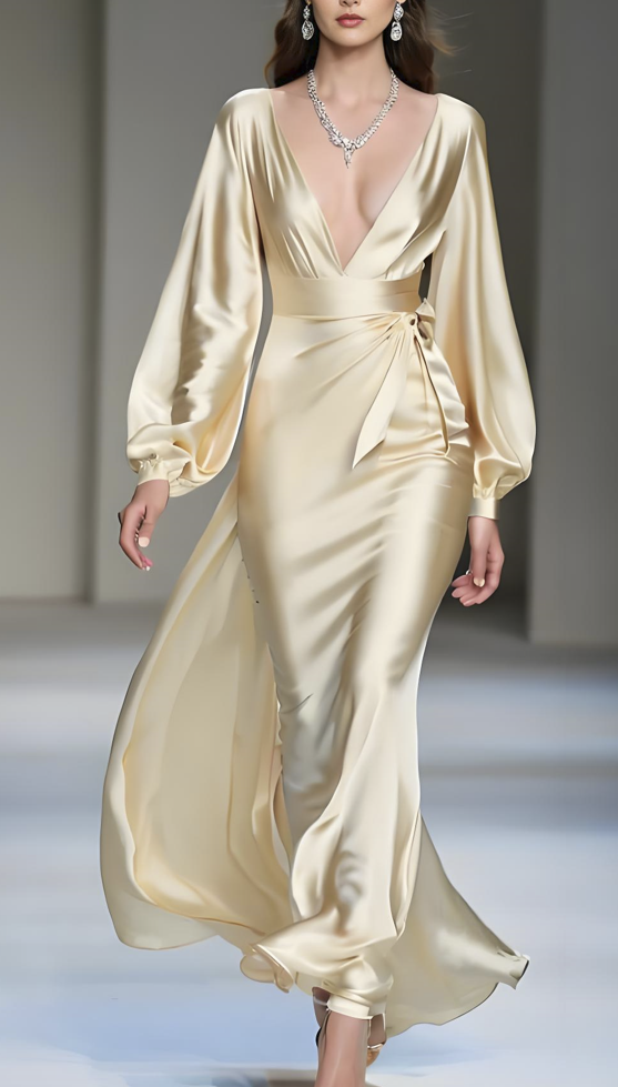 Women's Yellow Long Sleeve Silk Dress Spring Summer