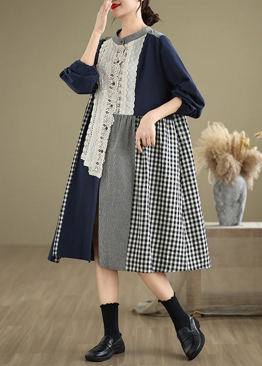 Round neck lace patchwork plaid maxi dress