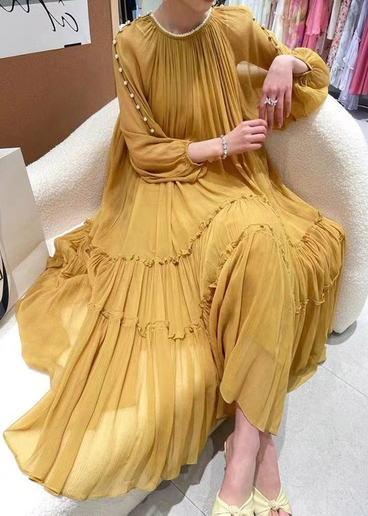 DIY Pearl Ruffle Silk Dress Long Sleeve