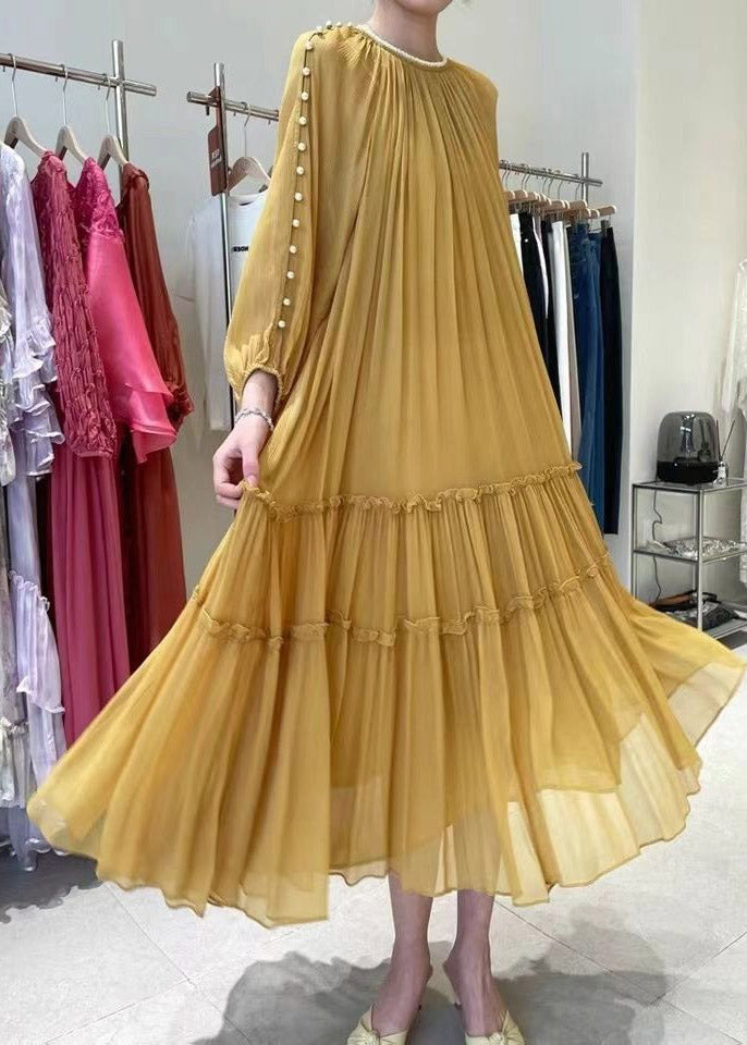DIY Pearl Ruffle Silk Dress Long Sleeve