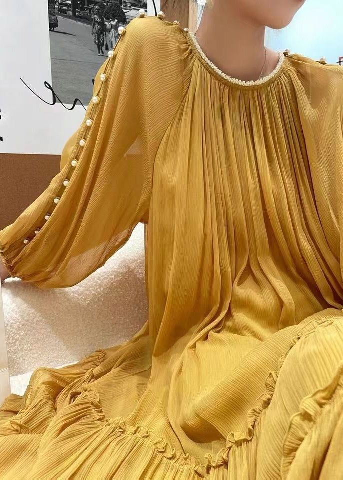 DIY Pearl Ruffle Silk Dress Long Sleeve
