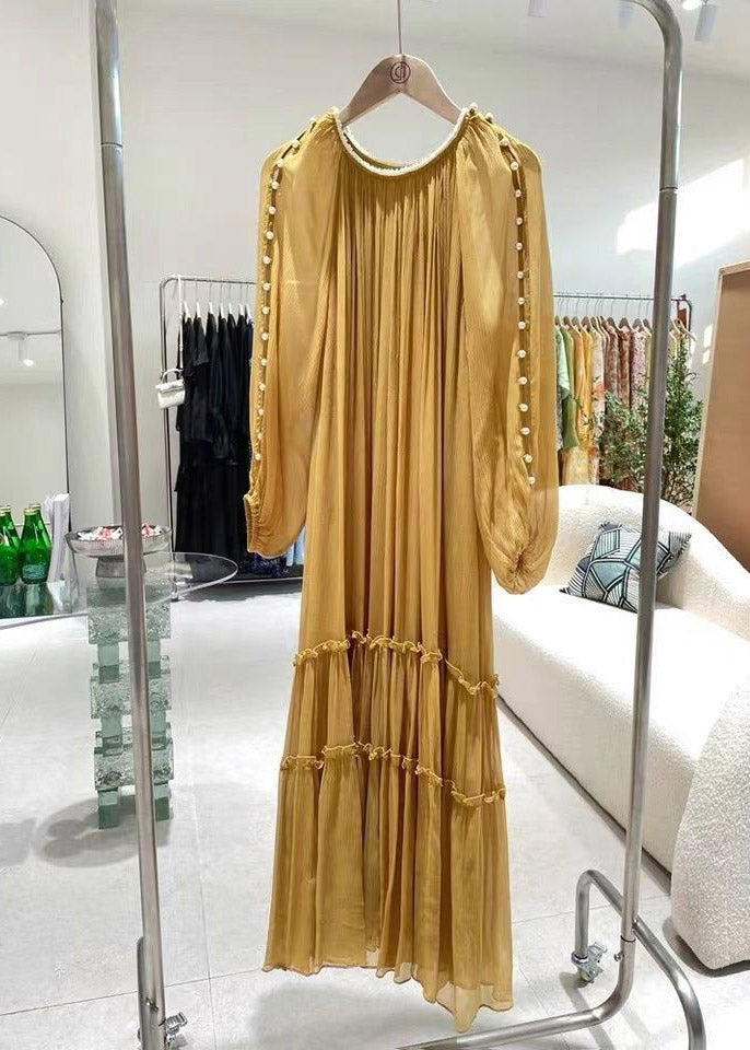 DIY Pearl Ruffle Silk Dress Long Sleeve