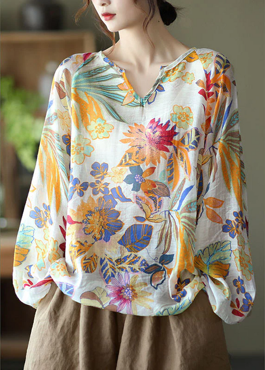 V Neck Casual Floral Shirt Long Sleeve