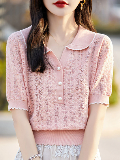 Elegant Lapel Skeleton Knit Short Sleeve Shirt Top