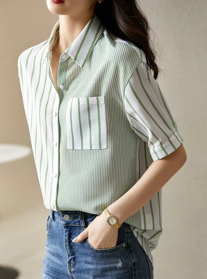 Casual striped patchwork low rise design cotton shirt