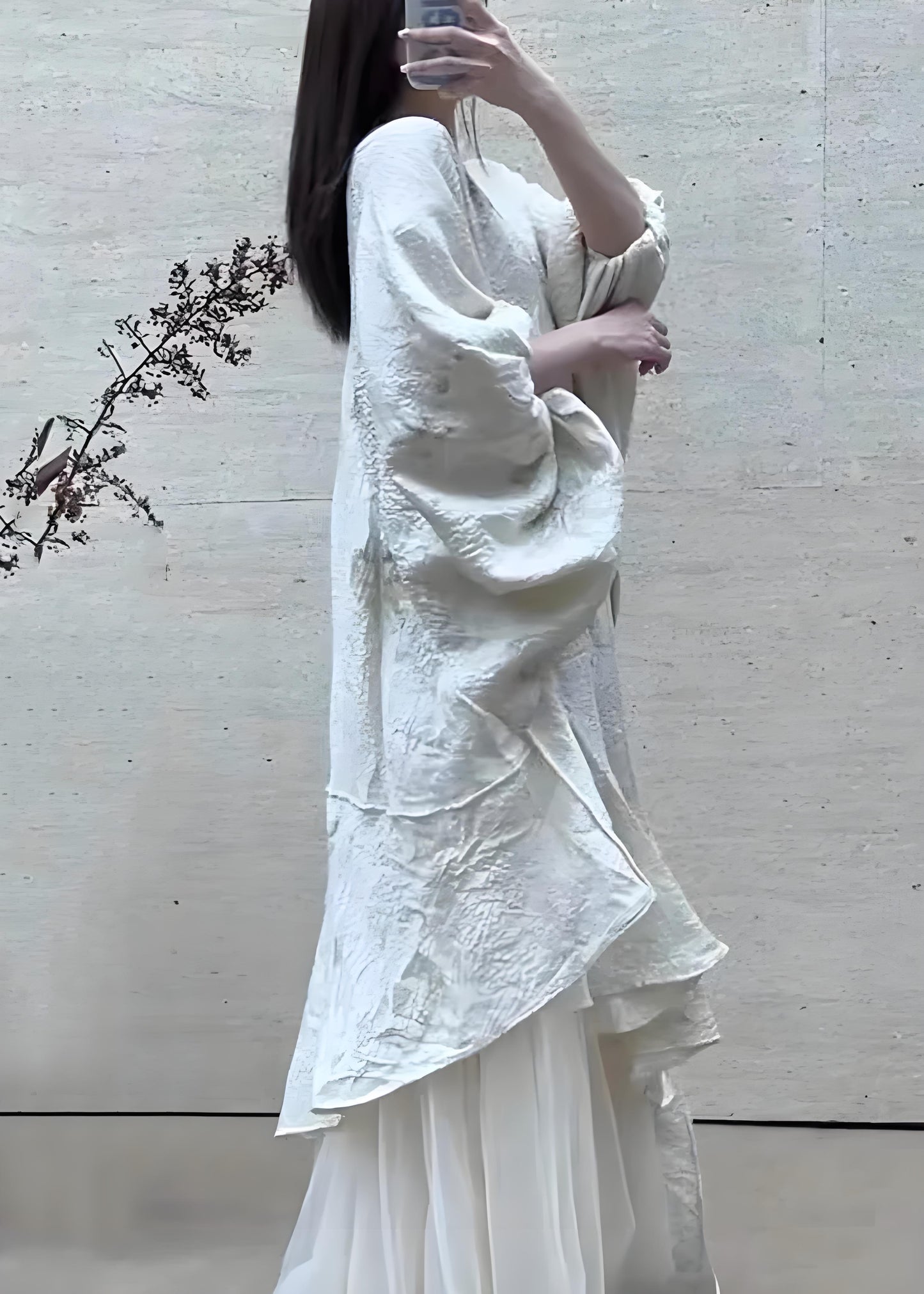 Women's Italian Beige Asymmetric Tulle Patchwork Lantern Sleeve Long Dress Spring