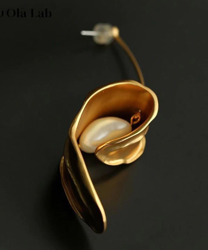Gold Copper Plated Pearl Dangle Earrings