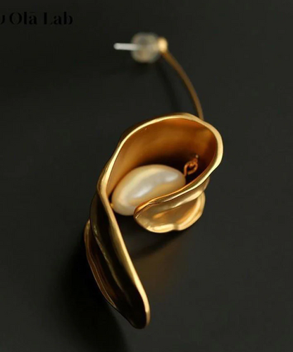 Gold Copper Plated Pearl Dangle Earrings