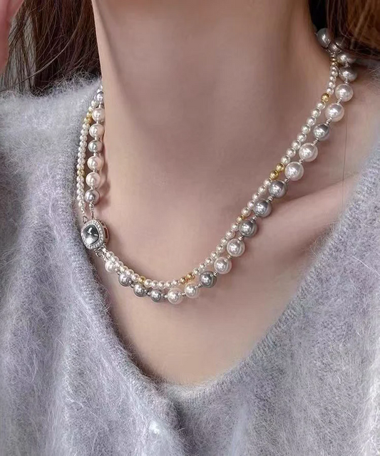 Sterling Silver Zirconia Double Pearl Gradient Bead Necklace
