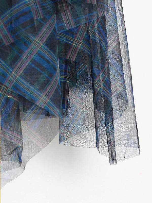 Women's Plus Size Blue High Waist Plaid Irregular Hem Tulle Skirt