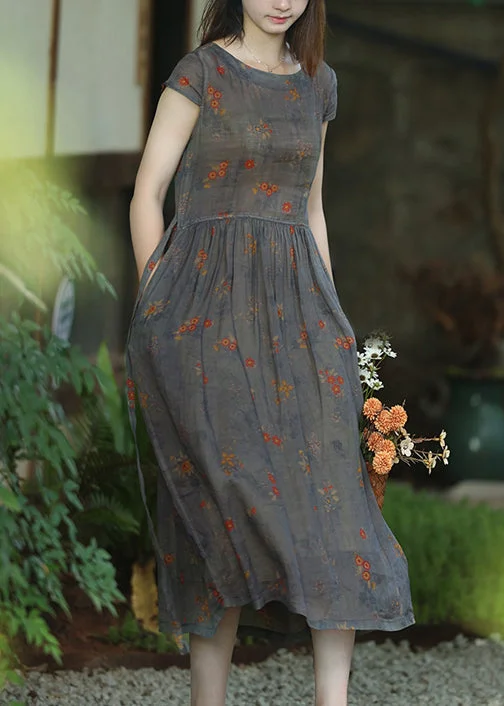 Loose Printed Lace-Up Pocket Linen Short Sleeve Dress