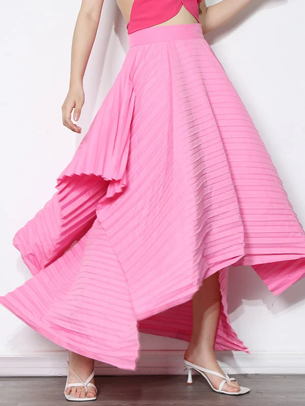Italy Pink Waist Pleat Irregular Hem Skirt