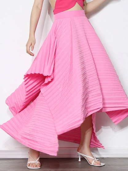 Italy Pink Waist Pleat Irregular Hem Skirt