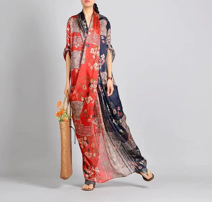 French Fishtail Printed Silk Gown V Neck Gown Long Dresses