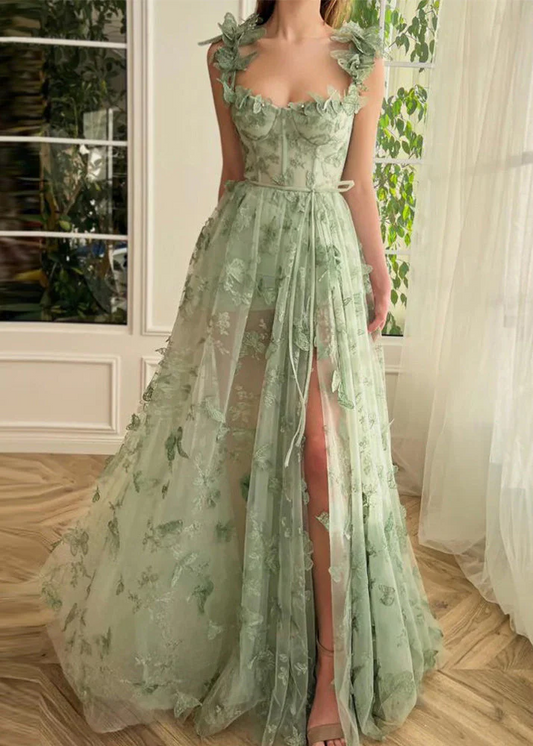 Women's Party Green Butterfly Side Split Tulle Sleeveless Long Dresses
