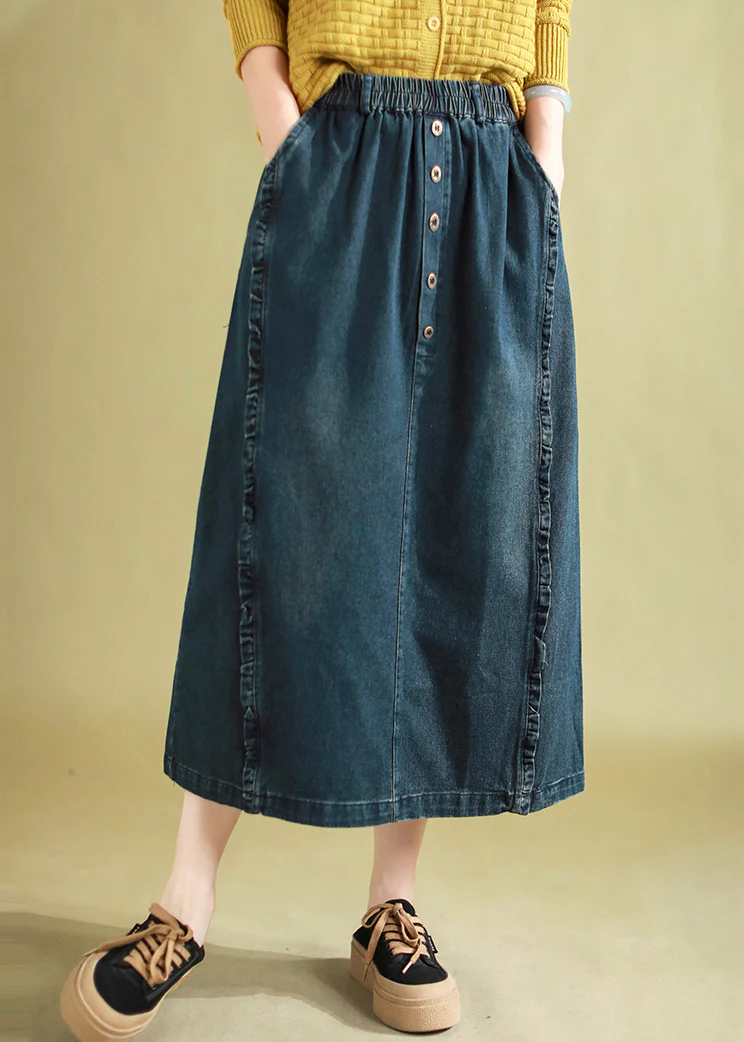 Ruffled Button Down Denim A-Line Skirt Blue