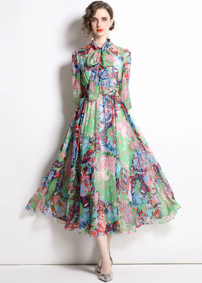 Women's Party Travel Green Zipper Printed Chiffon Tunic Waist Half Sleeve Dress Dresses