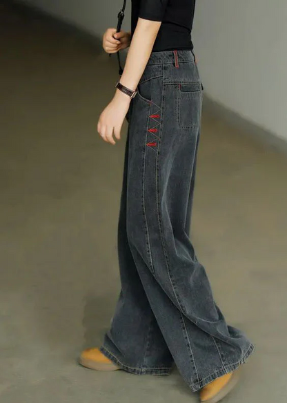 Women's High Waist Pocket Cotton Denim Wide Leg Pants Spring